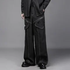 WVGA Spring Autumn New Men Tide Zipper Patchwork Trendy Heavy Design Denim Shirt Niche Chic Casual Wide-Leg Pants Set Ins W19049