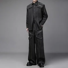 WVGA Spring Autumn New Men Tide Zipper Patchwork Trendy Heavy Design Denim Shirt Niche Chic Casual Wide-Leg Pants Set Ins W19049