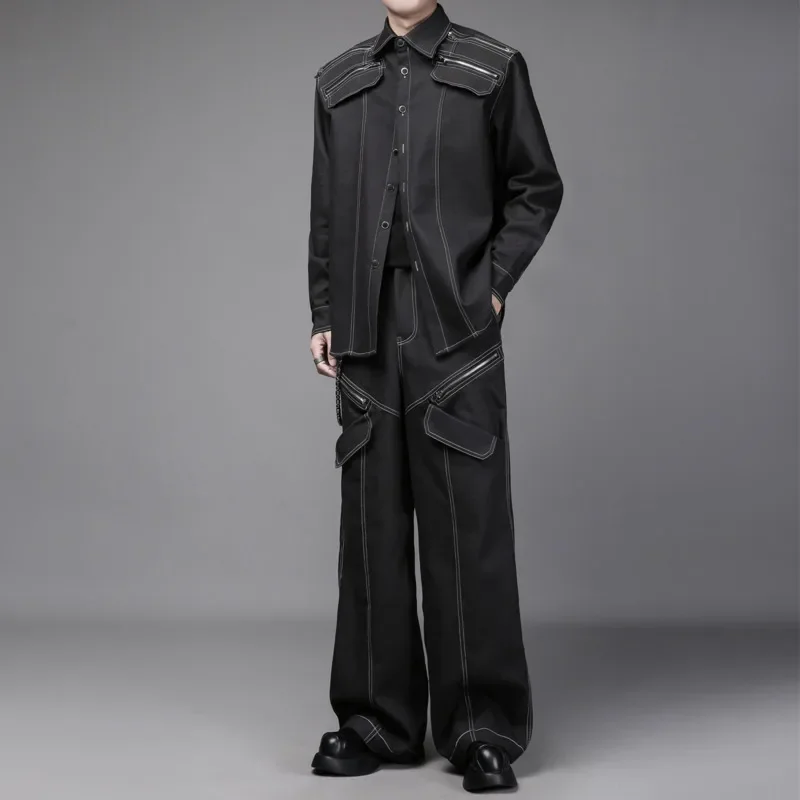 WVGA Spring Autumn New Men Tide Zipper Patchwork Trendy Heavy Design Denim Shirt Niche Chic Casual Wide-Leg Pants Set Ins W19049