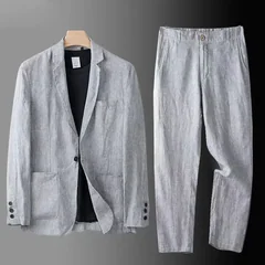 Spring Autumn Fashion Men Linen Two-piece Set Blazer Jacket + Pants Solid Slim Fit Casual Business Thin Clothing Breathable Suit