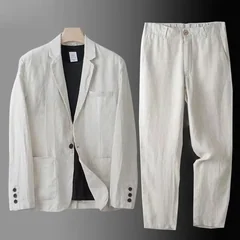 Spring Autumn Fashion Men Linen Two-piece Set Blazer Jacket + Pants Solid Slim Fit Casual Business Thin Clothing Breathable Suit
