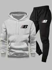 2026 New Men 2 Piece Outfit Letter B Logo Print Hoodie and Jogger Pants Casual Streetwear Sports Matching Tracksuit