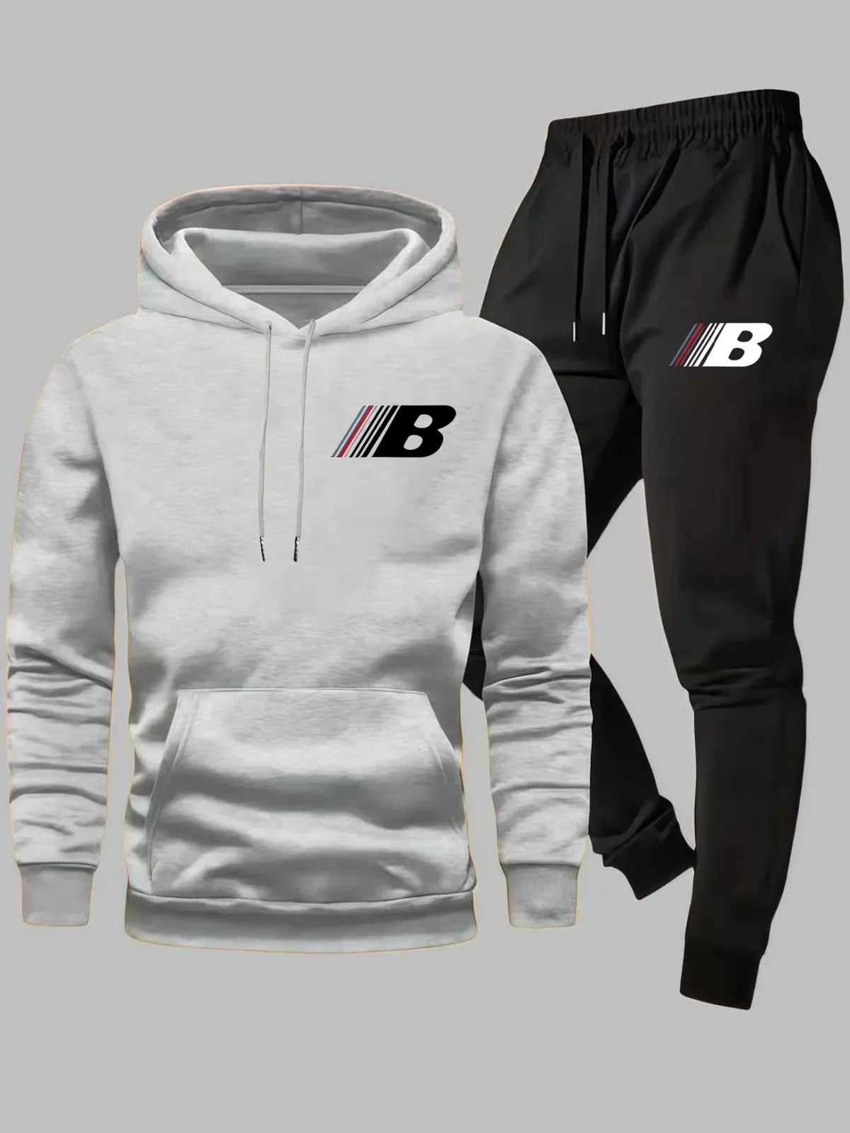 2026 New Men 2 Piece Outfit Letter B Logo Print Hoodie and Jogger Pants Casual Streetwear Sports Matching Tracksuit