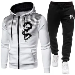 Men's Paris Dragon Pattern Fashion Print Set Two Piece Set Hoodie and Warm Pants Winter Simple Hoodie Set Clearance Men Clothing