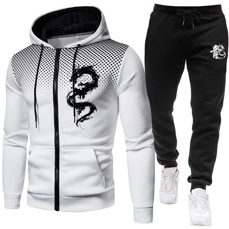 Men's Paris Dragon Pattern Fashion Print Set Two Piece Set Hoodie and Warm Pants Winter Simple Hoodie Set Clearance Men Clothing
