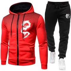 Men's Paris Dragon Pattern Fashion Print Set Two Piece Set Hoodie and Warm Pants Winter Simple Hoodie Set Clearance Men Clothing