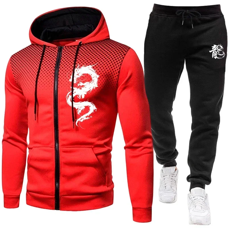 Men's Paris Dragon Pattern Fashion Print Set Two Piece Set Hoodie and Warm Pants Winter Simple Hoodie Set Clearance Men Clothing