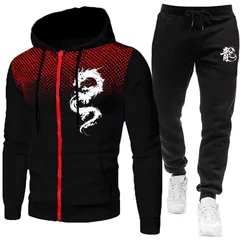 Men's Paris Dragon Pattern Fashion Print Set Two Piece Set Hoodie and Warm Pants Winter Simple Hoodie Set Clearance Men Clothing