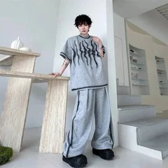 Piece Men's Two Set Summer New Loose Casual Flame Print Spray Washed Short Sleeve T-shirt And Outfit Wide Leg Pants GWXN