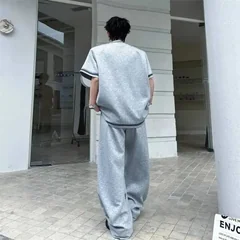 Piece Men's Two Set Summer New Loose Casual Flame Print Spray Washed Short Sleeve T-shirt And Outfit Wide Leg Pants GWXN