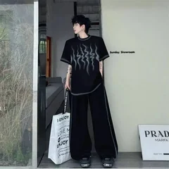 Piece Men's Two Set Summer New Loose Casual Flame Print Spray Washed Short Sleeve T-shirt And Outfit Wide Leg Pants GWXN