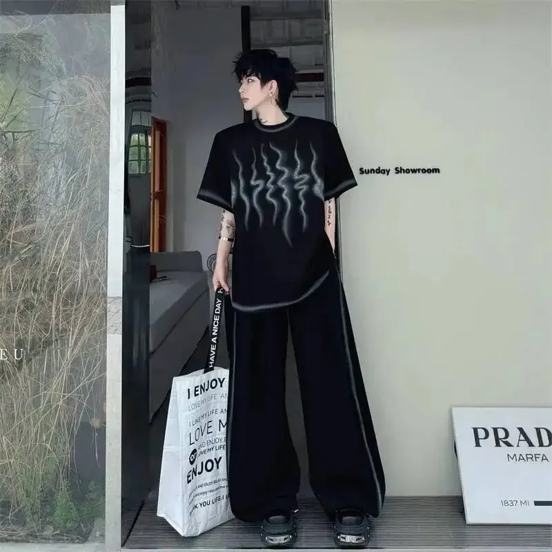 Piece Men's Two Set Summer New Loose Casual Flame Print Spray Washed Short Sleeve T-shirt And Outfit Wide Leg Pants GWXN