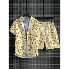 Men's Polyester Short Sleeve Shirt Shorts Set Cream Gold Floral Design Summer Beach Outfit Lightweight Breathable Casual Wear fo