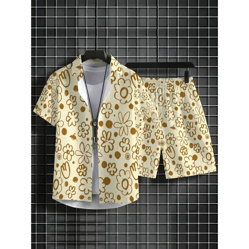 Men's Polyester Short Sleeve Shirt Shorts Set Cream Gold Floral Design Summer Beach Outfit Lightweight Breathable Casual Wear fo