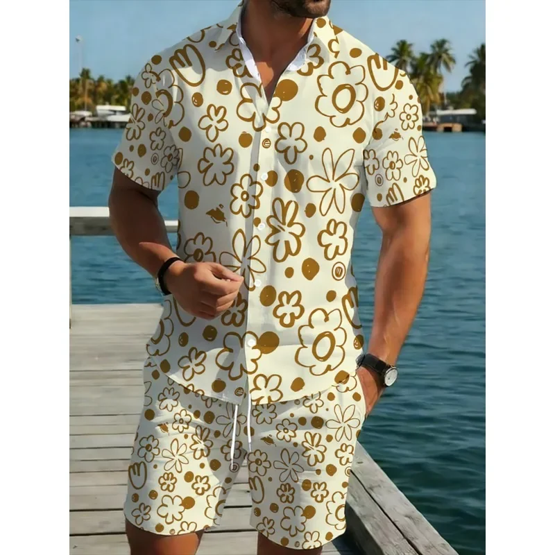 Men's Polyester Short Sleeve Shirt Shorts Set Cream Gold Floral Design Summer Beach Outfit Lightweight Breathable Casual Wear fo