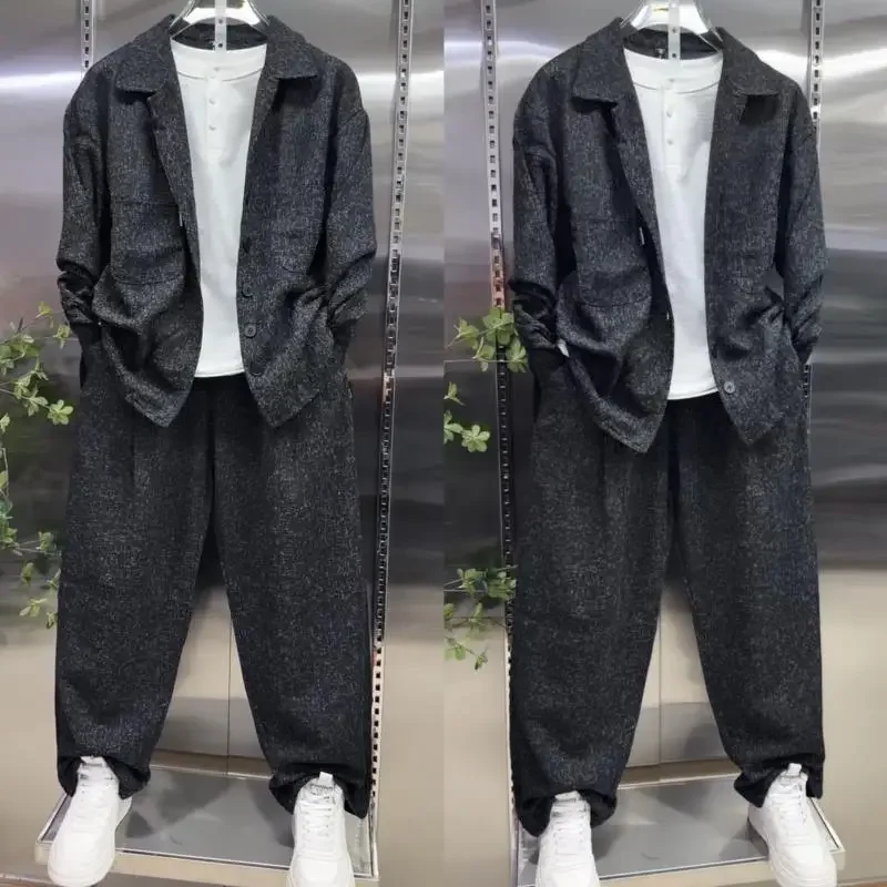 Men Lapel Shirt Suit Loose Straight Wide Leg Pants 2 Piece Fashion Casual Daily Outfit