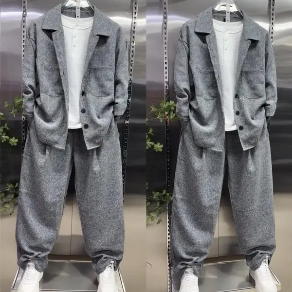 Men Lapel Shirt Suit Loose Straight Wide Leg Pants 2 Piece Fashion Casual Daily Outfit