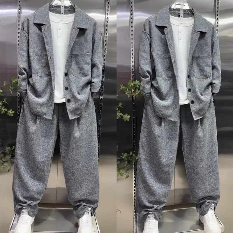 Men Lapel Shirt Suit Loose Straight Wide Leg Pants 2 Piece Fashion Casual Daily Outfit