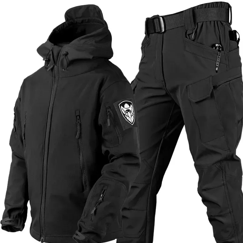 Winter Mens Thicken Tactical Camouflage Set Soft Shell Waterproof Fleece Warm Training Uniform Hooded Jackets+work Pants 2-piece