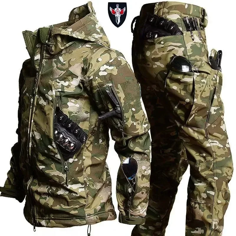 Winter Mens Thicken Tactical Camouflage Set Soft Shell Waterproof Fleece Warm Training Uniform Hooded Jackets+work Pants 2-piece