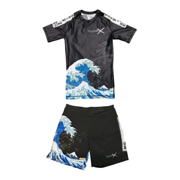 Japan Ukiyo-e Ocean Wave Brazilian Jiu Jitsu Rashguard & Fight Shorts Set (Short Sleeve) Summer Men's Quick-drying T-Shirt Set