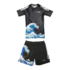 Japan Ukiyo-e Ocean Wave Brazilian Jiu Jitsu Rashguard & Fight Shorts Set (Short Sleeve) Summer Men's Quick-drying T-Shirt Set