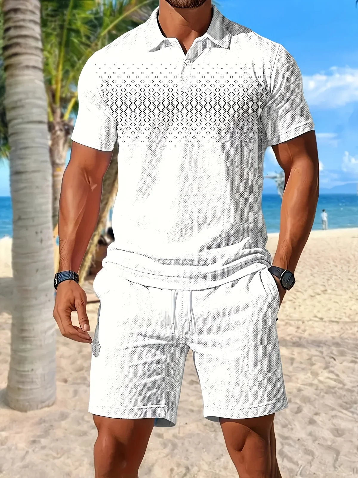 2026 Summer Men's Polo Shirt Set Stylish Short-Sleeve Collared T-Shirt and Drawstring Shorts Casual Men's Sportswear Set