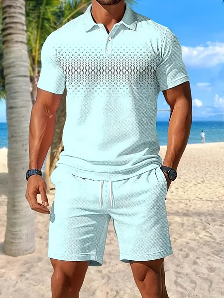 2026 Summer Men's Polo Shirt Set Stylish Short-Sleeve Collared T-Shirt and Drawstring Shorts Casual Men's Sportswear Set