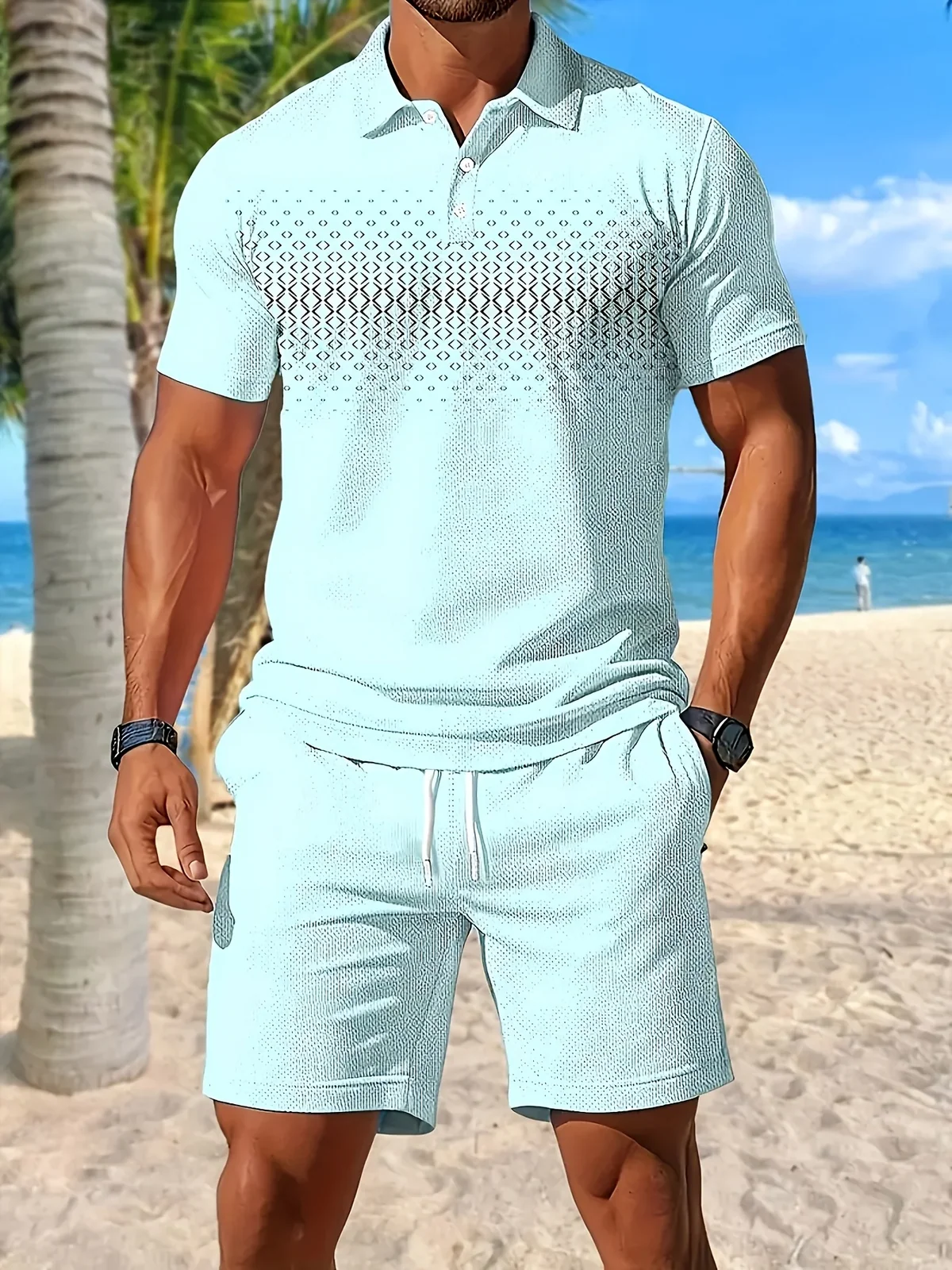 2026 Summer Men's Polo Shirt Set Stylish Short-Sleeve Collared T-Shirt and Drawstring Shorts Casual Men's Sportswear Set