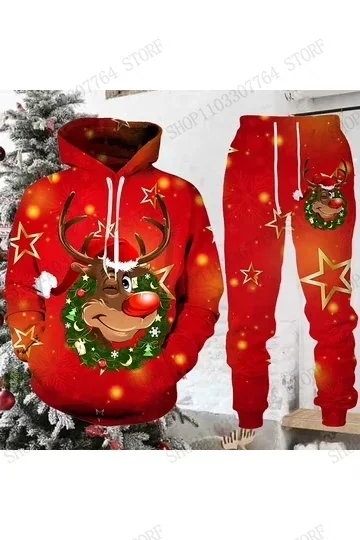 Cute Reindeer Elk Hoodie Pant Set Christmas 3d Print Set Men Women Fashion Hoodie +Sweatpants 2Pcs Set Sportwear Tracksuit Suit