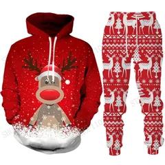 Cute Reindeer Elk Hoodie Pant Set Christmas 3d Print Set Men Women Fashion Hoodie +Sweatpants 2Pcs Set Sportwear Tracksuit Suit