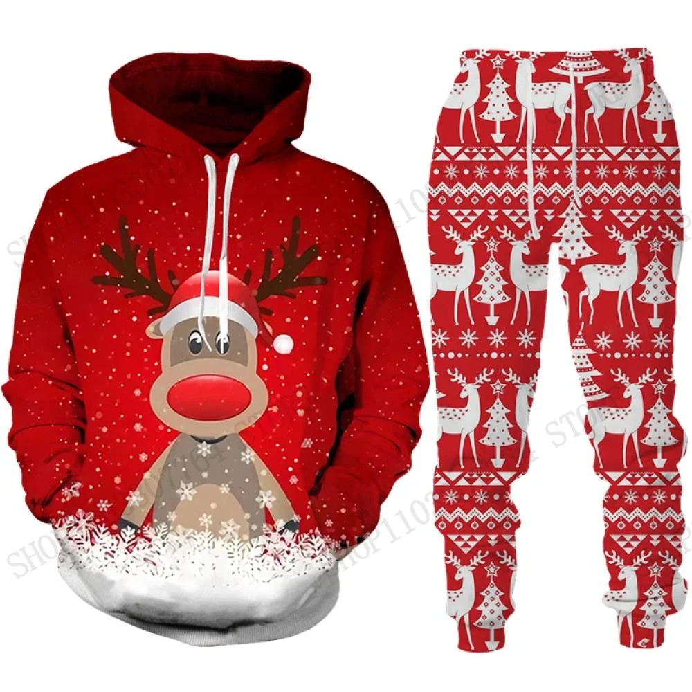 Cute Reindeer Elk Hoodie Pant Set Christmas 3d Print Set Men Women Fashion Hoodie +Sweatpants 2Pcs Set Sportwear Tracksuit Suit