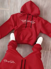 Men's 2-Piece Autumn & Winter Hoodie Set, Classic Letter Print Drawstring Hooded Sweatshirt + Casual Sports Pants