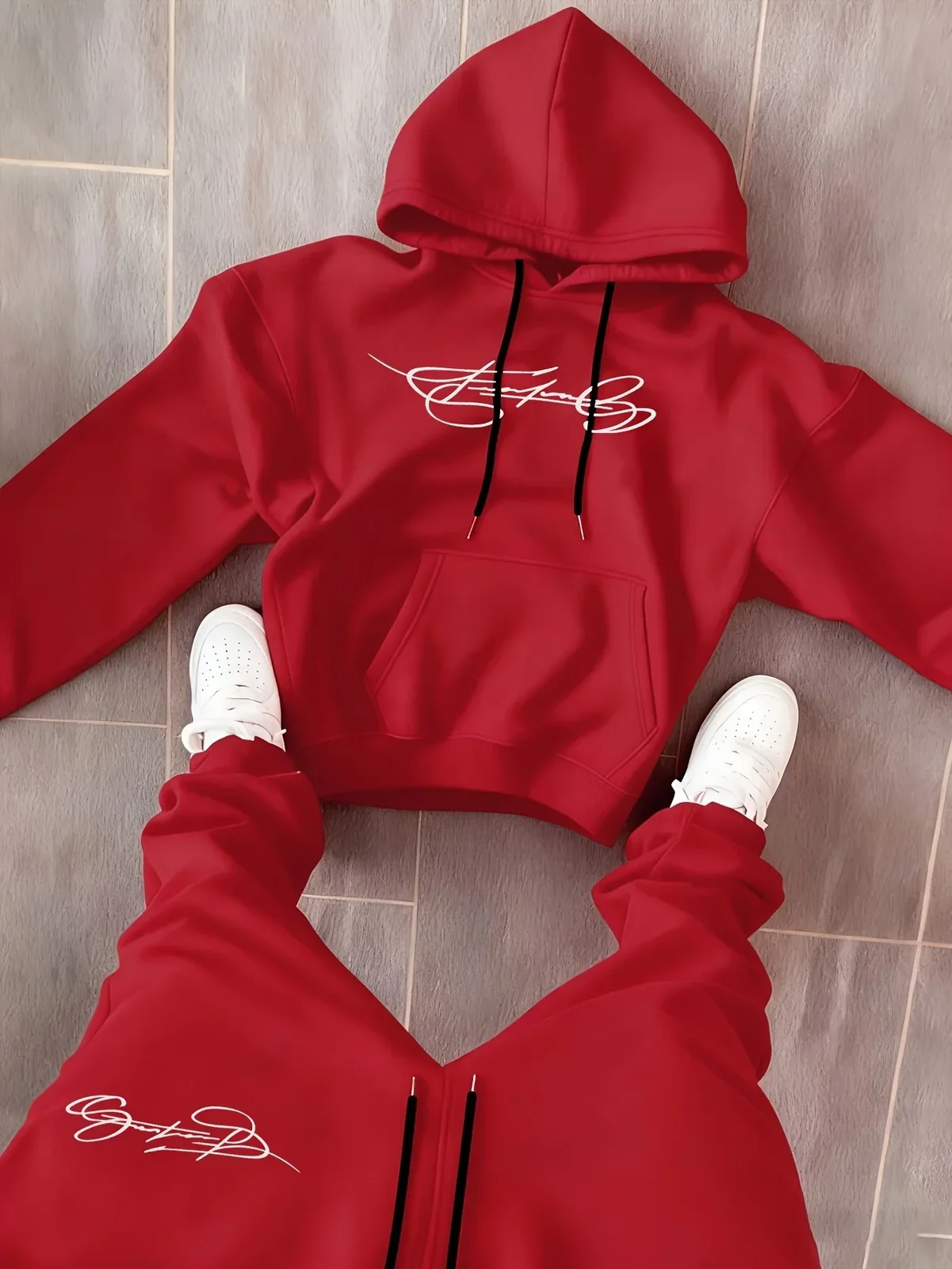 Men's 2-Piece Autumn & Winter Hoodie Set, Classic Letter Print Drawstring Hooded Sweatshirt + Casual Sports Pants