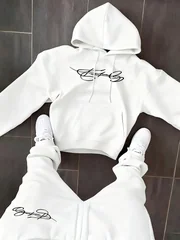 Men's 2-Piece Autumn & Winter Hoodie Set, Classic Letter Print Drawstring Hooded Sweatshirt + Casual Sports Pants