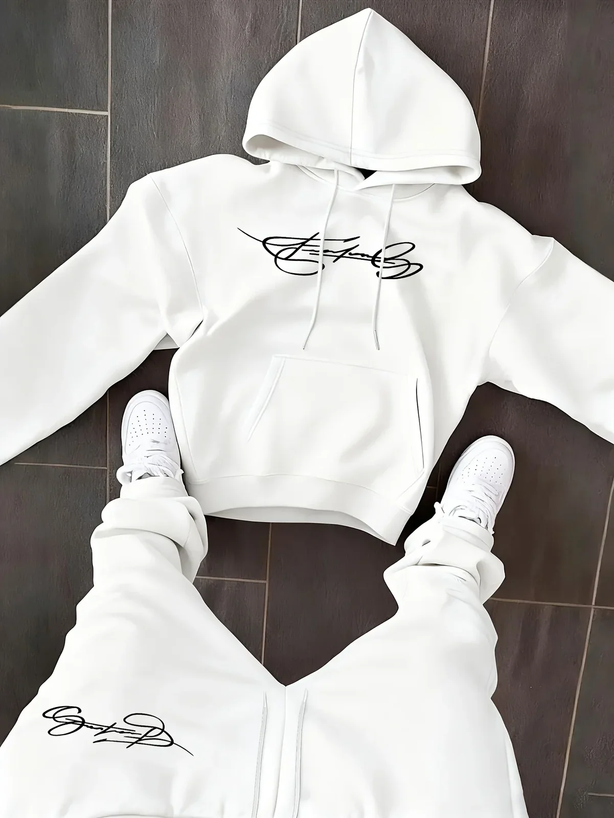 Men's 2-Piece Autumn & Winter Hoodie Set, Classic Letter Print Drawstring Hooded Sweatshirt + Casual Sports Pants