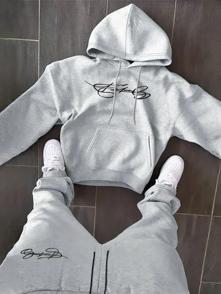 Men's 2-Piece Autumn & Winter Hoodie Set, Classic Letter Print Drawstring Hooded Sweatshirt + Casual Sports Pants