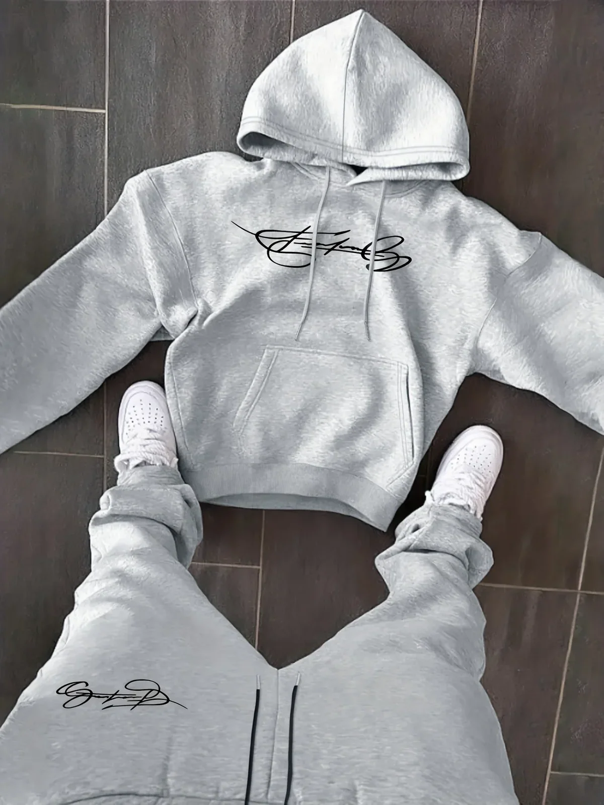 Men's 2-Piece Autumn & Winter Hoodie Set, Classic Letter Print Drawstring Hooded Sweatshirt + Casual Sports Pants