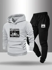 Men'S Casual Creative Pattern Print Drawstring Pocket Hoodie And Athletic Drawstring Long Pants Matching Set 2pcs
