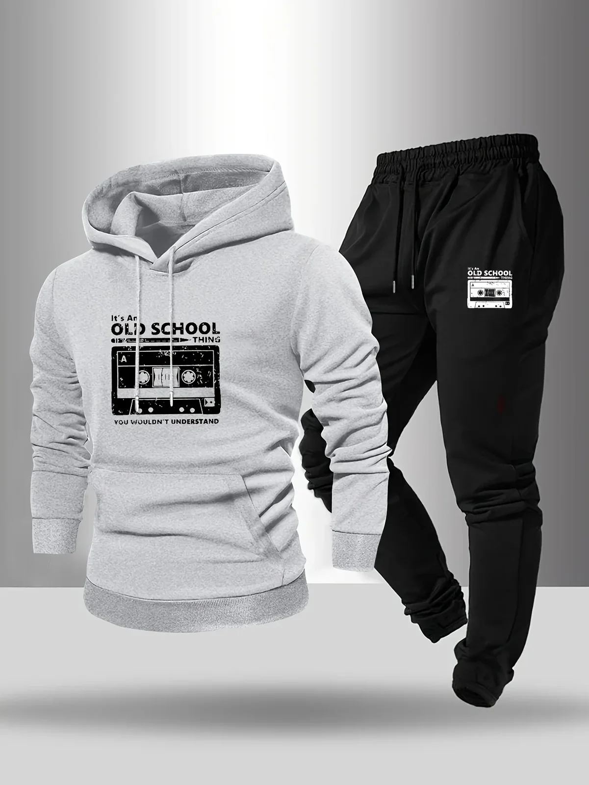 Men'S Casual Creative Pattern Print Drawstring Pocket Hoodie And Athletic Drawstring Long Pants Matching Set 2pcs