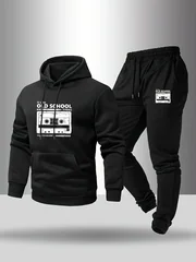 Men'S Casual Creative Pattern Print Drawstring Pocket Hoodie And Athletic Drawstring Long Pants Matching Set 2pcs