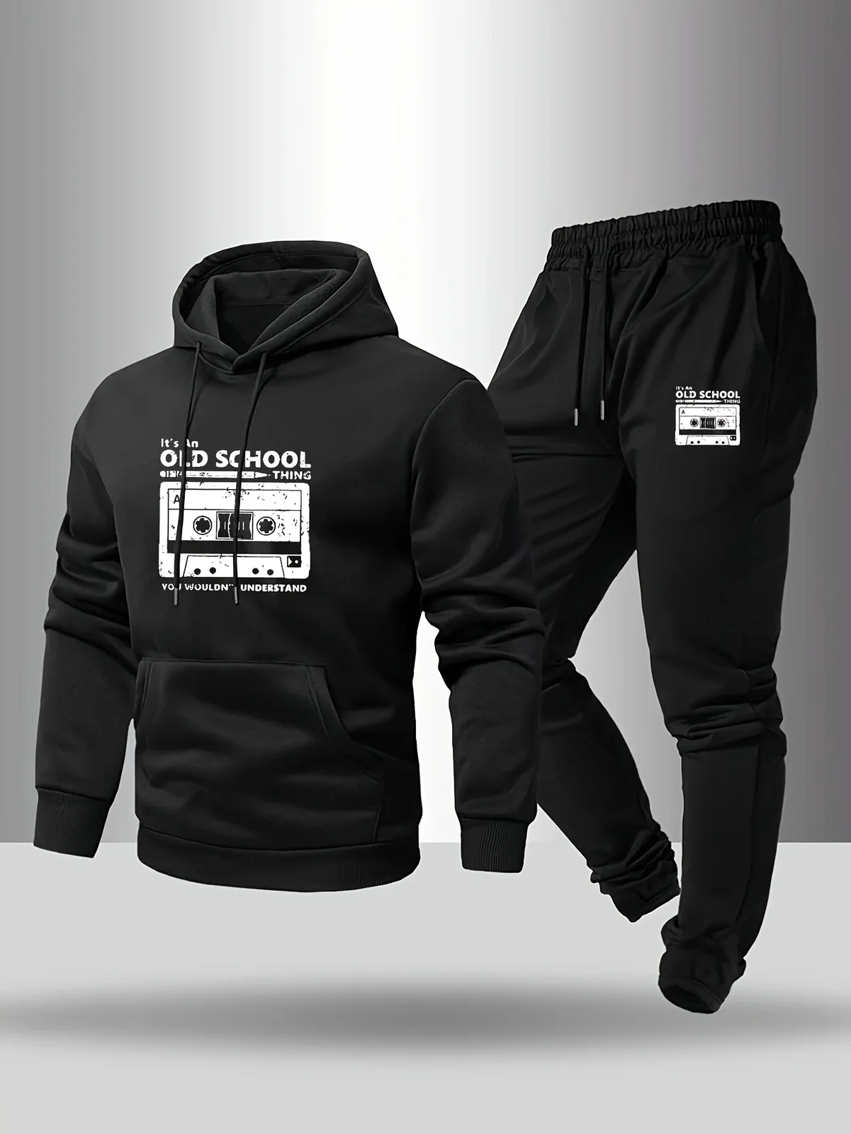 Men'S Casual Creative Pattern Print Drawstring Pocket Hoodie And Athletic Drawstring Long Pants Matching Set 2pcs