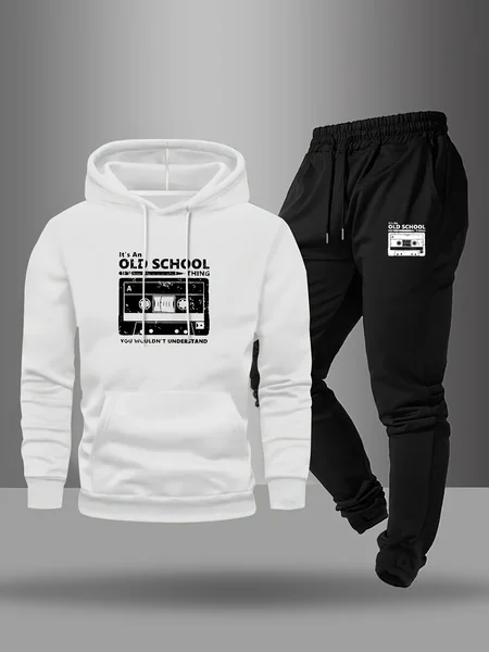 Men'S Casual Creative Pattern Print Drawstring Pocket Hoodie And Athletic Drawstring Long Pants Matching Set 2pcs
