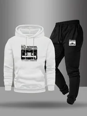 Men'S Casual Creative Pattern Print Drawstring Pocket Hoodie And Athletic Drawstring Long Pants Matching Set 2pcs