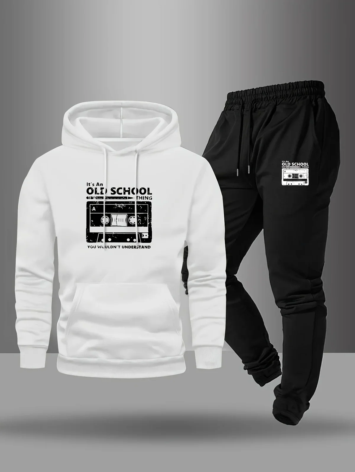 Men'S Casual Creative Pattern Print Drawstring Pocket Hoodie And Athletic Drawstring Long Pants Matching Set 2pcs