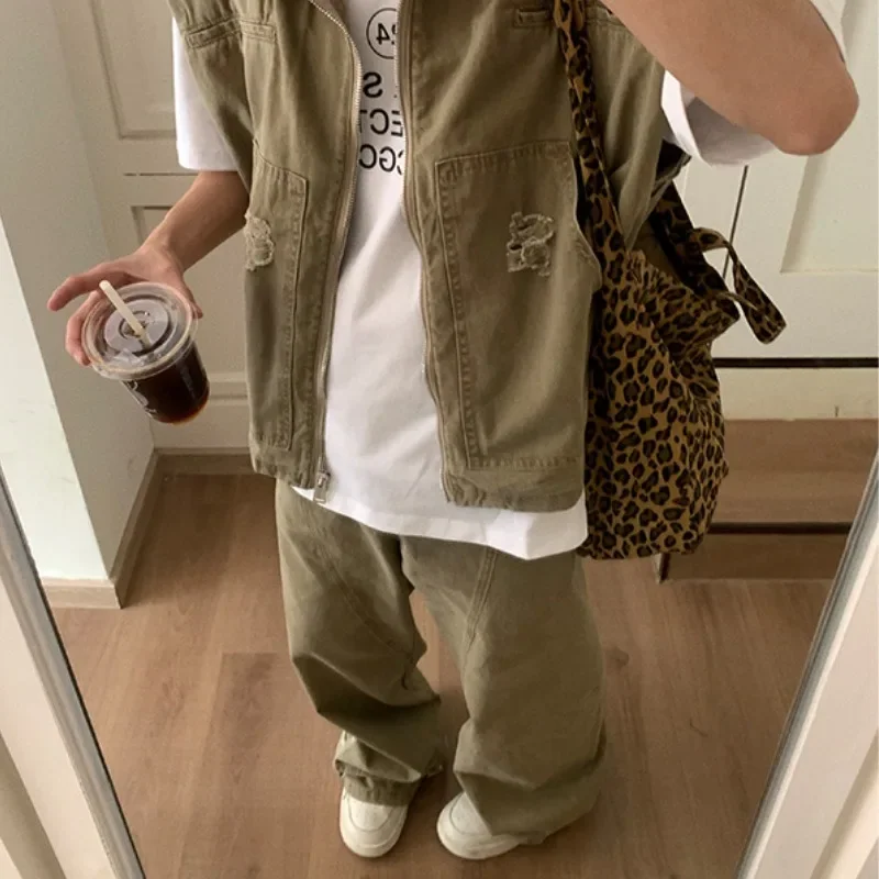 American Fashion Brand Retro Denim Jacket Men Summer New Silhouette Design Shoulder Vest Loose Pants Set Fashionable and Casual
