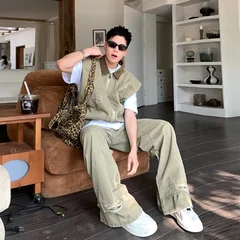 American Fashion Brand Retro Denim Jacket Men Summer New Silhouette Design Shoulder Vest Loose Pants Set Fashionable and Casual