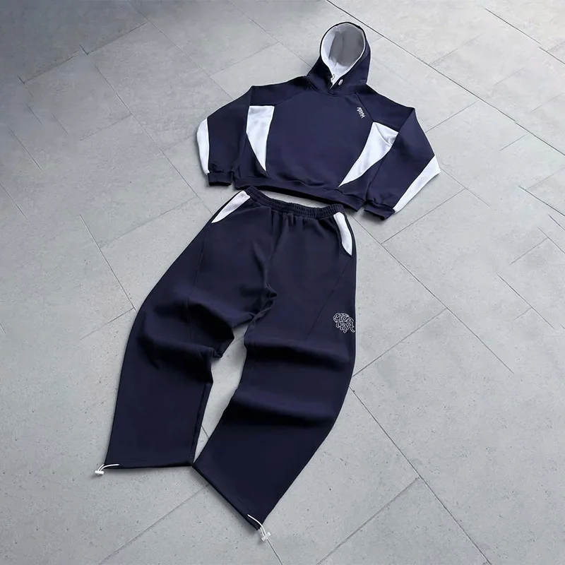 Autumn Winter Men's Y2K Streetwear Vintage Color Block Oversized Loose Drawstring Hem Hooded Long Sleeve 2 Piece Tracksuit Set