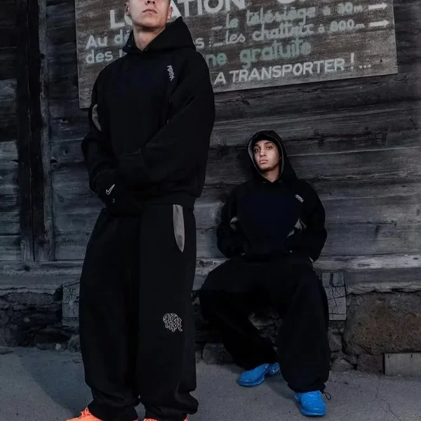 Autumn Winter Men's Y2K Streetwear Vintage Color Block Oversized Loose Drawstring Hem Hooded Long Sleeve 2 Piece Tracksuit Set