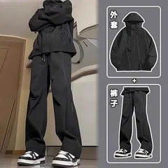 Men American Functional Outdoor Two Piece Set Waterproof Hooded Jacket With Wide Leg Pants For Spring